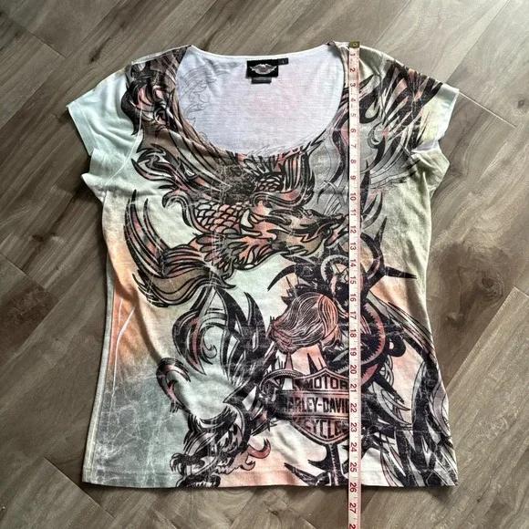 Harley-Davidson Women's L‎ Graphic Tee Dragon Wings All Over Print T-Shirt USA - Picture 11 of 11